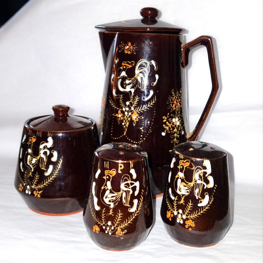 Vintage 60's Japanese Style Brown Betty Hand Painted Rooster Ceramic Tea Set wit